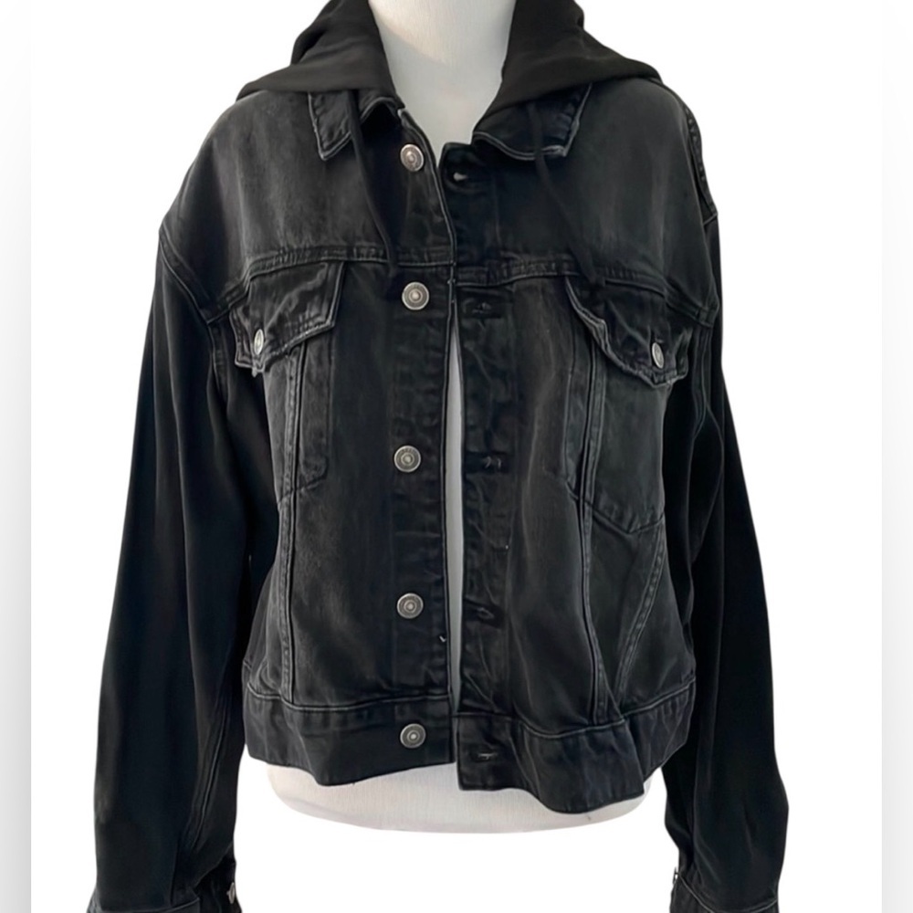 We The Free by Free People Black Washed Hooded Denim Jacket Jean Hoodie - Picture 8 of 8